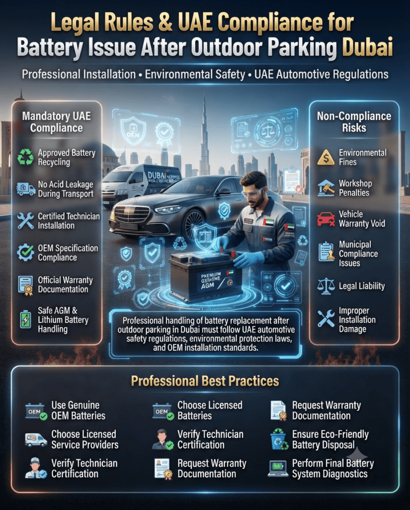Legal Rules & UAE Compliance for Battery Issue After Outdoor Parking Dubai Premium infographic explaining UAE legal rules and compliance requirements for handling battery issues after outdoor parking in Dubai, including certified installation, battery recycling, OEM standards, warranty documentation, environmental regulations, and legal penalties.