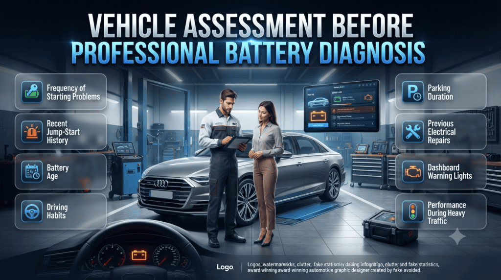 Vehicle Assessment Before Professional Battery Diagnosis Professional automotive infographic showing a technician performing an initial vehicle assessment by reviewing battery history, warning lights, driving habits, and starting issues before diagnostics.