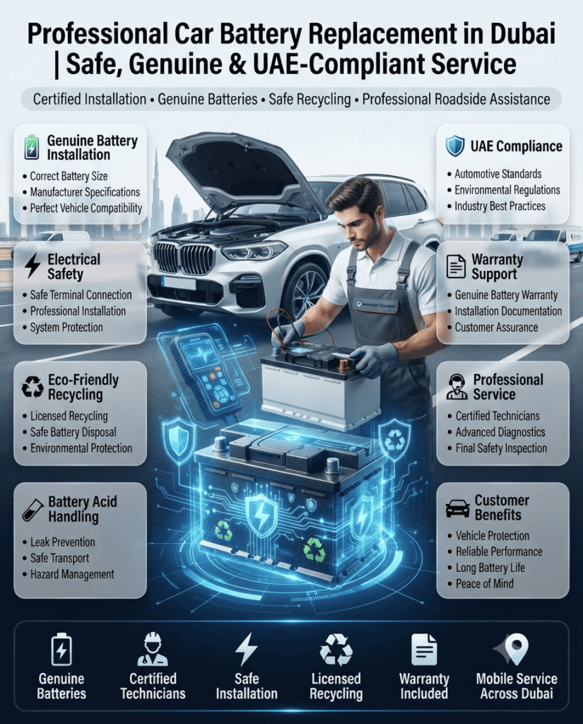 Professional Car Battery Replacement in Dubai | Safe, Genuine & UAE-Compliant Service Premium automotive infographic showing a professional technician replacing a car battery in Dubai while following UAE safety standards, including battery testing, genuine battery installation, electrical safety, warranty documentation, and eco-friendly battery recycling.