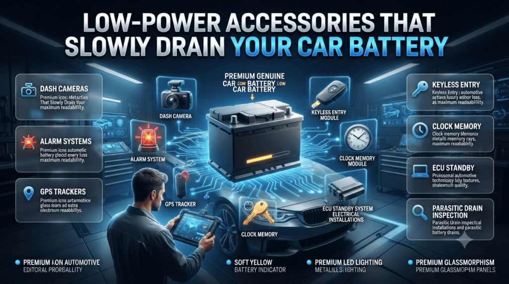 Low-Power Accessories That Slowly Drain Your Car Battery Automotive infographic showing low-power accessories like dash cameras, GPS trackers, alarm systems, and ECU standby systems that slowly drain a car battery.