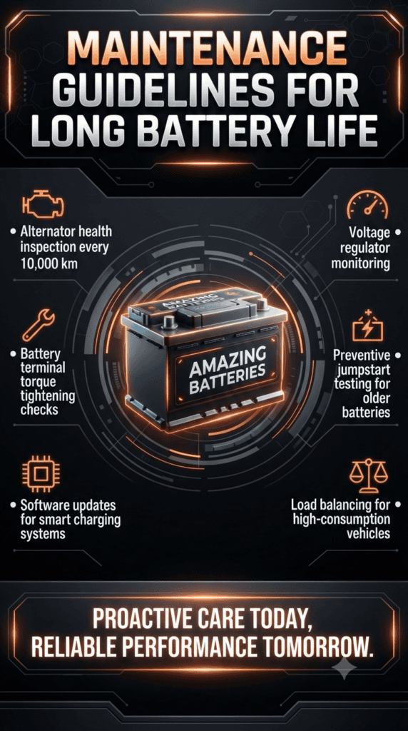 Maintenance Guidelines for Long Battery Life | Premium Battery Care System A futuristic automotive infographic showing a central glowing car battery labeled Amazing Batteries, surrounded by maintenance guidelines on both sides, with a dark tech background and orange neon highlights.