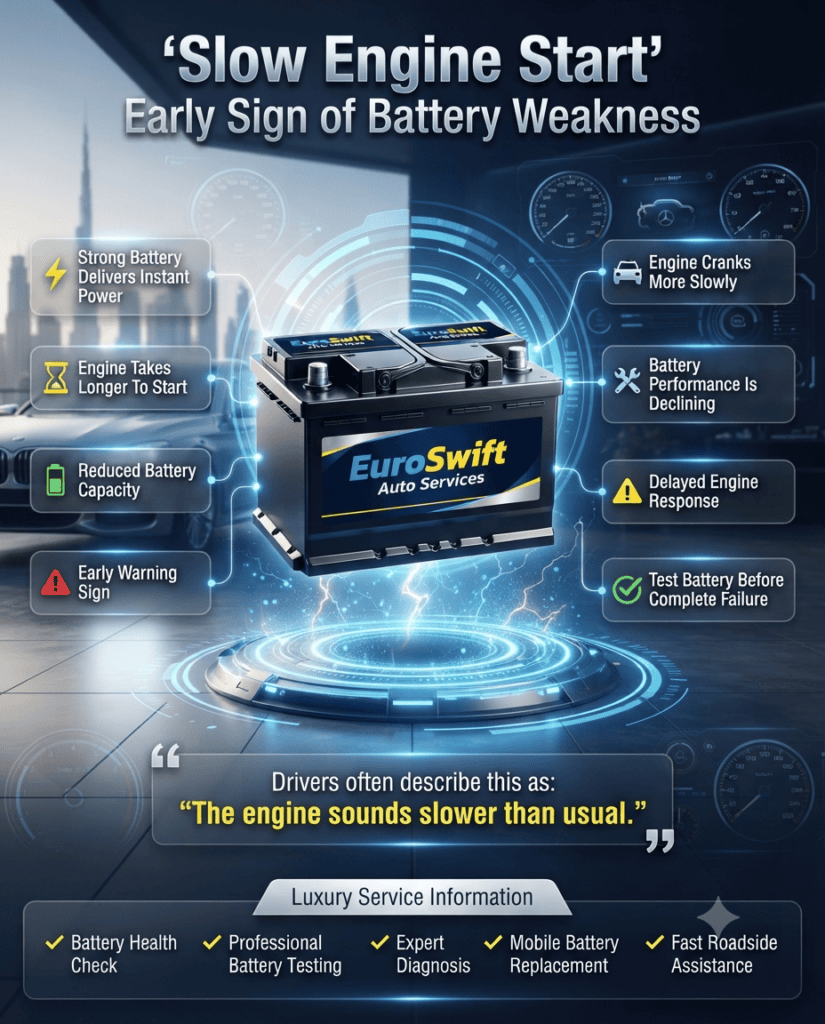 Slow Engine Start Premium automotive infographic showing Slow Engine Start as an early warning sign of battery weakness. The title appears prominently at the top. A realistic EuroSwift Auto Services branded car battery is displayed in the center with futuristic animated HUD effects, while both sides feature clean infographic callout boxes explaining the symptoms of slow engine cranking, reduced battery capacity, delayed engine response, and early battery warning signs. Luxury automotive design with blue, black, silver, and yellow accents.