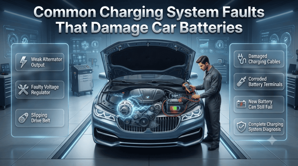 Common Charging System Faults That Damage Car Batteries Infographic illustrating common charging system faults including a weak alternator, faulty voltage regulator, slipping drive belt, damaged charging cables, and corroded battery terminals.