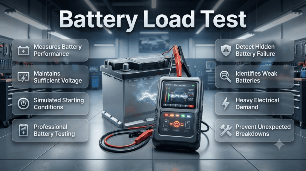 Infographic illustrating a professional battery load test using a digital tester to identify hidden battery failures under simulated engine starting conditions.