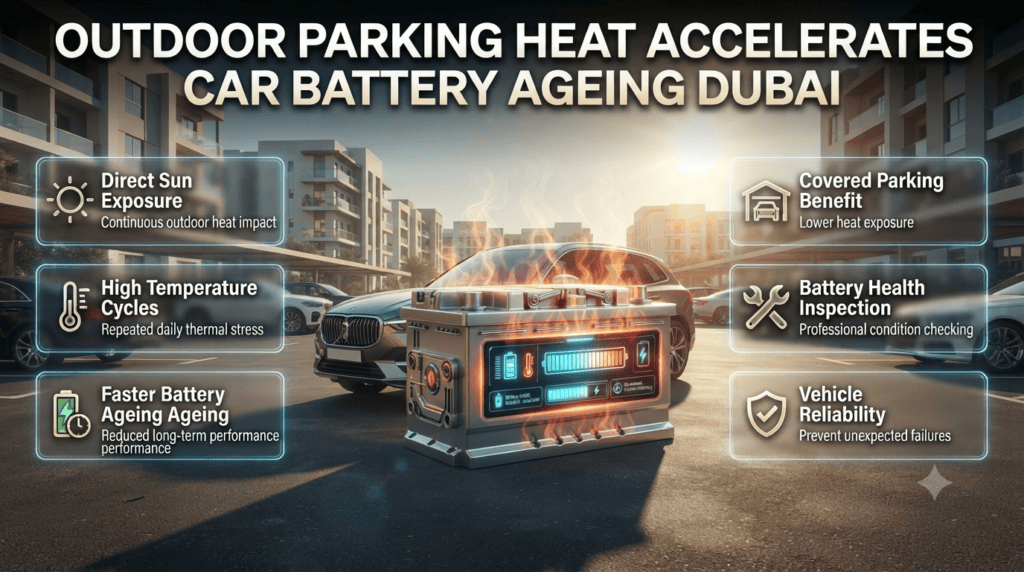 Outdoor Parking Heat Accelerates Car Battery Ageing Dubai Car parked outdoors in Dubai sunlight showing heat exposure effects on battery ageing and vehicle maintenance concerns