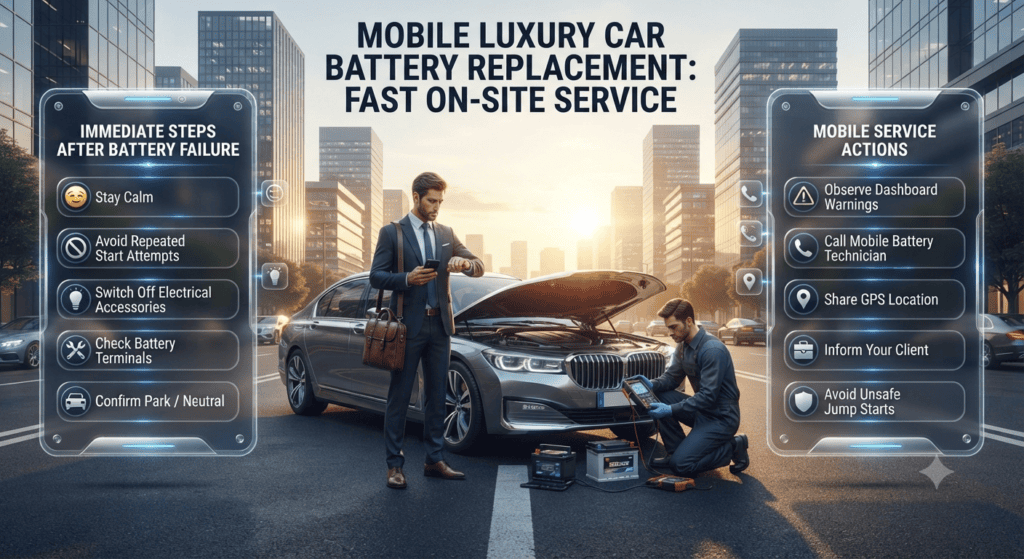 Infographic showing emergency steps to take when a car battery dies before a client meeting, including safety checks, mobile battery service, and quick roadside assistance.