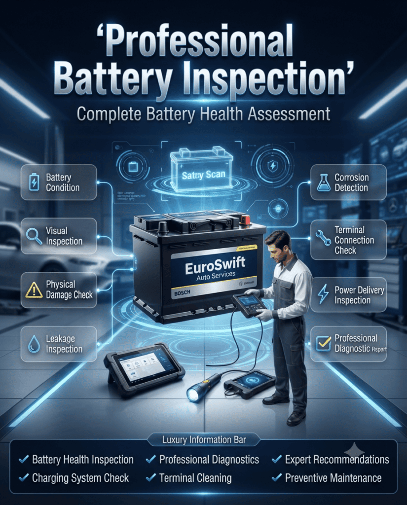 Professional Battery Inspection Premium automotive infographic showing a professional battery inspection process. The title appears at the top. A realistic EuroSwift Auto Services branded battery is displayed in the center with a certified technician inspecting it using modern diagnostic tools. Animated HUD graphics and glowing callout panels highlight battery condition, physical damage, leakage, corrosion, and terminal connection inspection. Luxury automotive design with blue, silver, black, and yellow accents.