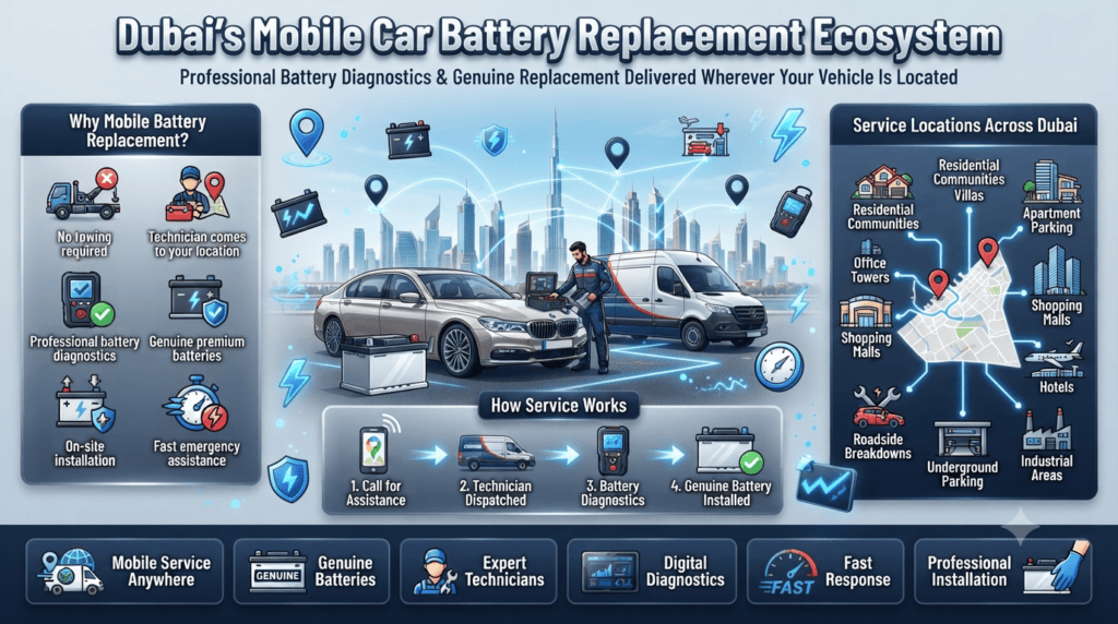 Dubai Mobile Car Battery Replacement Ecosystem | Professional On-Site Battery Service Guide Premium automotive infographic showing Dubai's mobile car battery replacement ecosystem, featuring a technician performing on-site battery diagnostics with service coverage for homes, offices, malls, airports, hotels, roadside locations, and industrial areas.