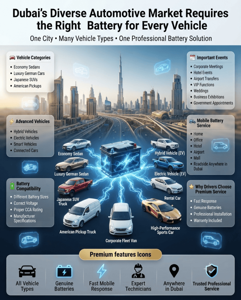 Dubai's Diverse Automotive Market Requires the Right Battery for Every Vehicle Premium automotive infographic showing different vehicle types in Dubai, including economy sedans, luxury German cars, Japanese SUVs, American pickups, hybrid vehicles, electric vehicles, rental cars, corporate fleet vehicles, and sports cars, with mobile battery replacement service and key market insights.