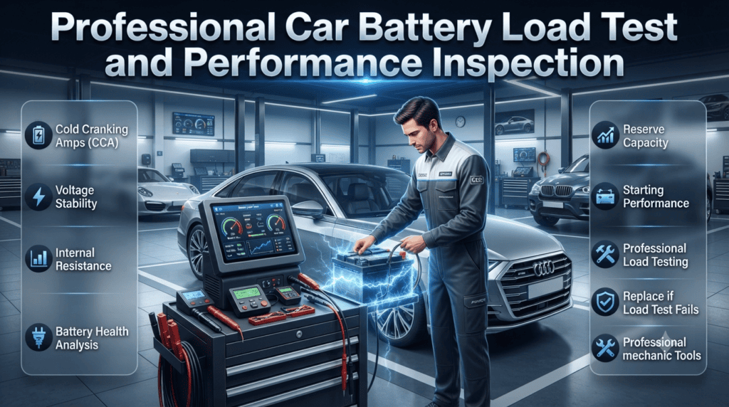 Professional Car Battery Load Test and Performance Inspection Professional automotive infographic showing a technician performing a battery load test, measuring Cold Cranking Amps, voltage stability, reserve capacity, and starting performance.