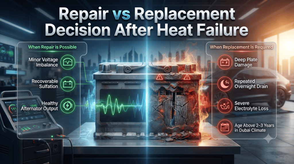 Repair vs Replacement Decision After Heat Failure in Dubai Automotive infographic comparing car battery repair and replacement after heat failure, showing repair conditions versus replacement indicators in Dubai's hot climate.