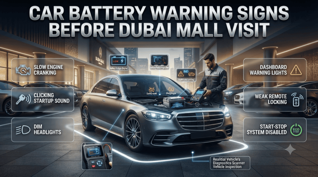 Car battery warning symptoms before Dubai Mall visit showing weak battery signs, dashboard alerts, and vehicle inspection in Dubai