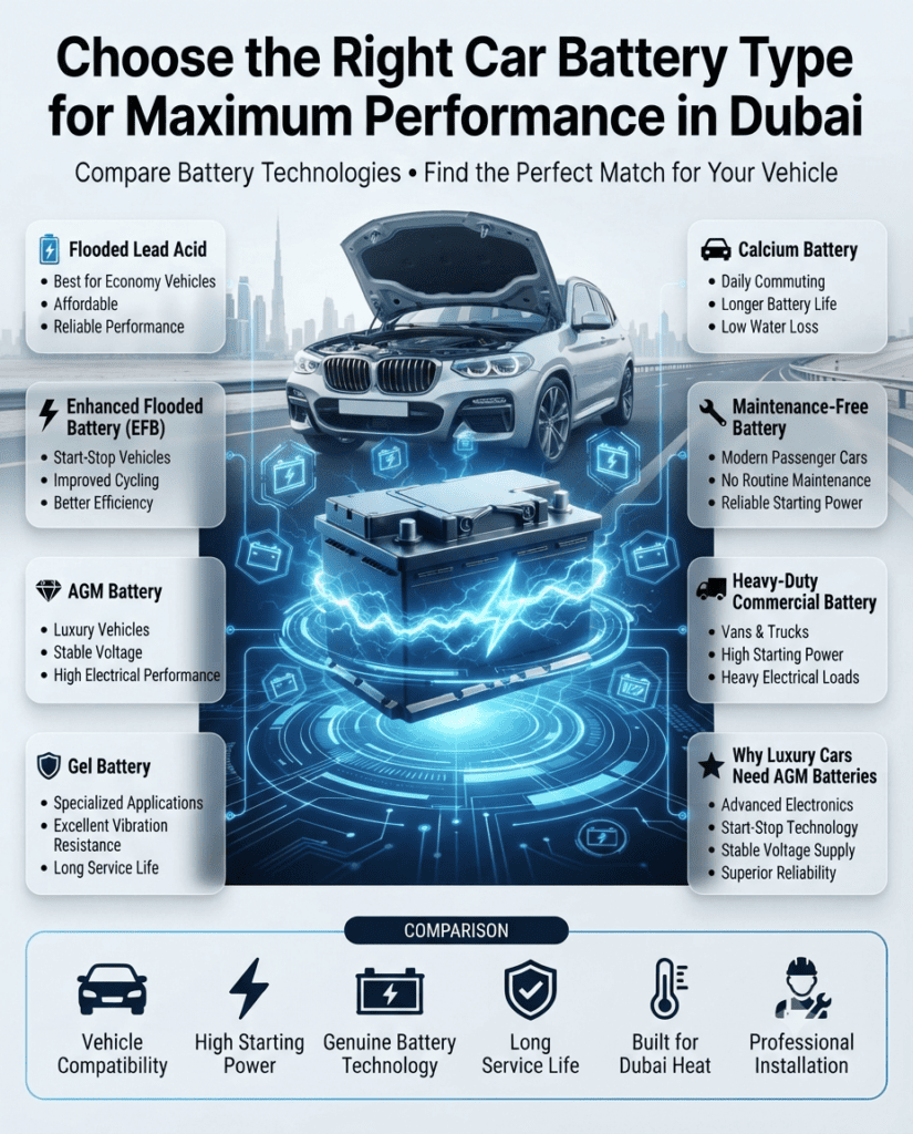 Choose the Right Car Battery Type for Maximum Performance in Dubai Professional automotive infographic comparing different car battery types including Flooded Lead Acid, EFB, AGM, Gel, Calcium, Maintenance-Free, and Heavy-Duty Commercial batteries, with a luxury vehicle in the center and battery comparison information surrounding it.