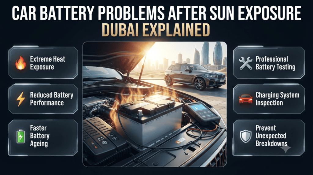 Car battery failure after Dubai sun exposure showing heat damage, diagnostics, and professional battery inspection process
