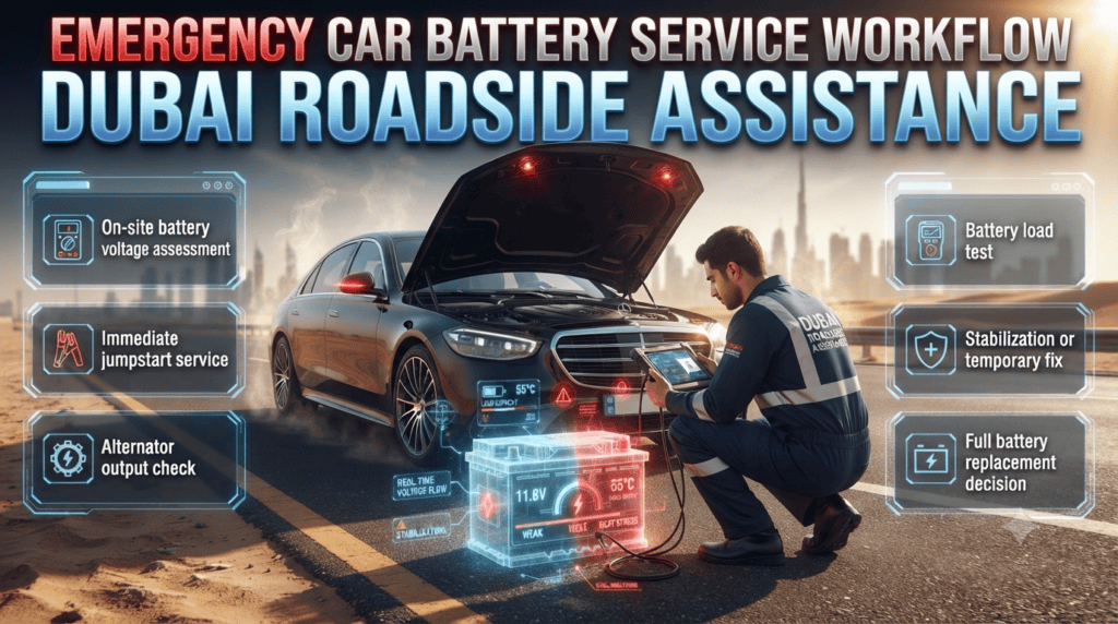 Emergency Car Battery Service Workflow Dubai Roadside Assistance Emergency roadside car battery service workflow in Dubai showing jumpstart diagnostics voltage testing and battery replacement process infographic