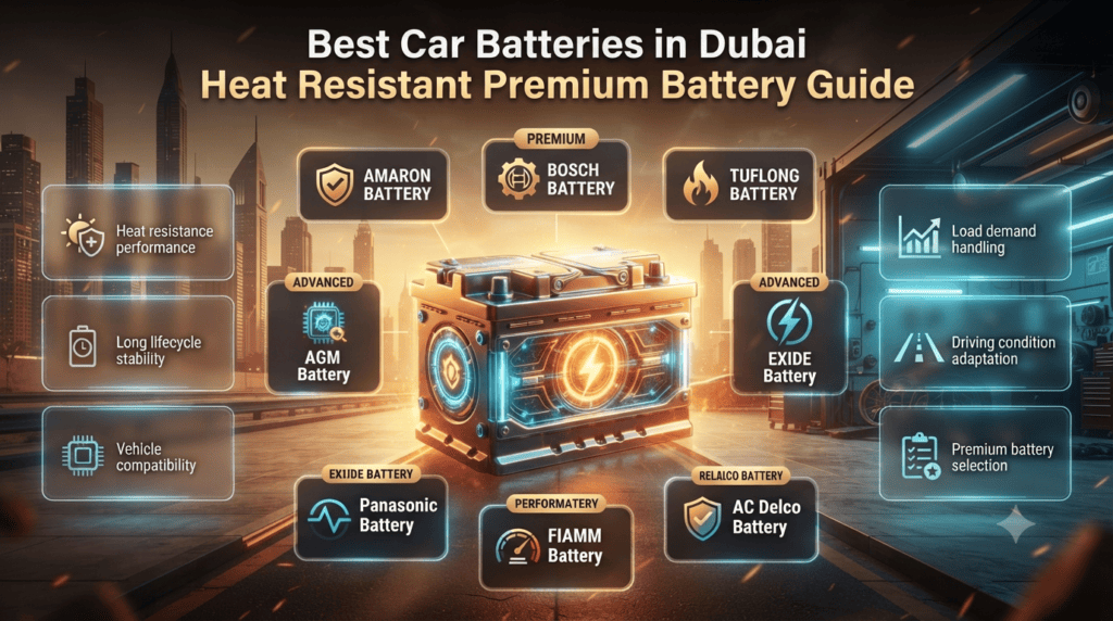 Best Car Batteries in Dubai Heat Resistant Premium Battery Guide Infographic showing best car batteries in Dubai including Amaron Bosch AGM Exide Panasonic FIAMM AC Delco for heat resistant performance comparison
