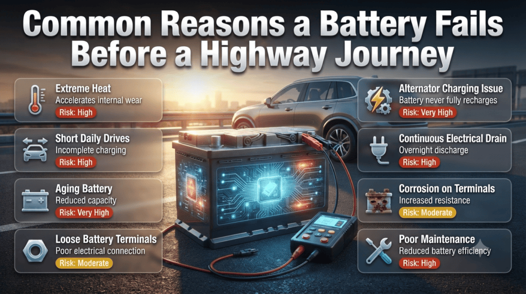 Infographic showing the most common reasons a car battery fails before a highway journey, including heat, aging, alternator issues, corrosion, and poor maintenance.