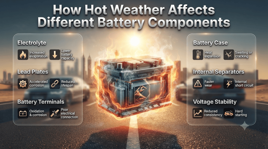 How Hot Weather Affects Different Battery Components Infographic showing how extreme Dubai heat affects car battery components, including electrolyte, lead plates, terminals, battery case, separators, and voltage stability.