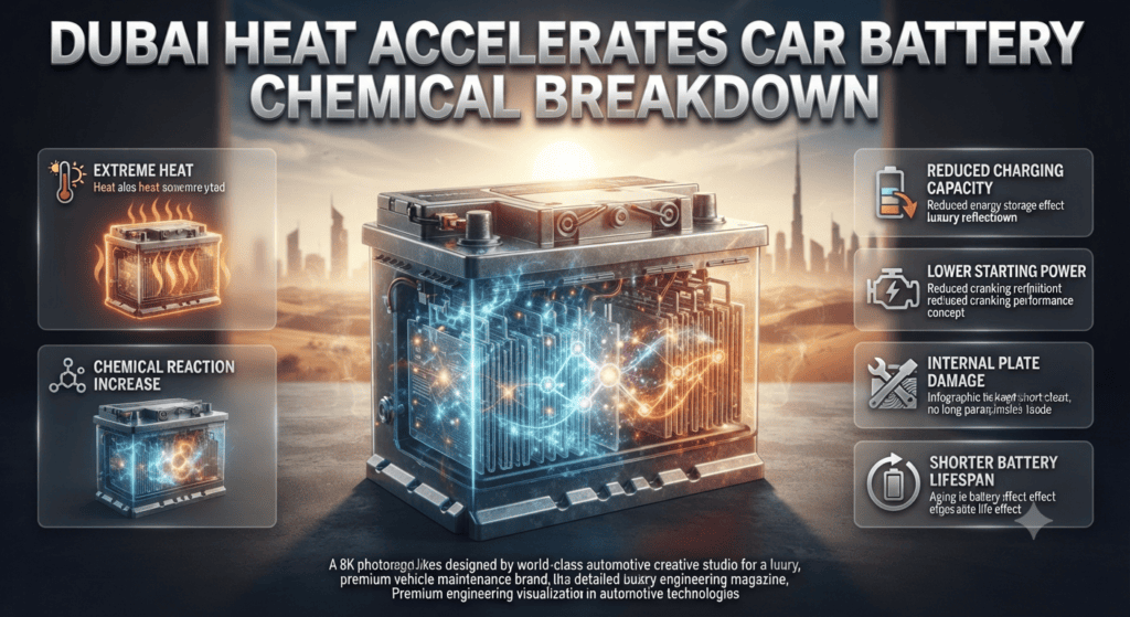 Dubai Heat Accelerates Car Battery Chemical Breakdown Car battery chemical breakdown caused by extreme Dubai heat showing damaged plates, reduced capacity, and battery aging effects