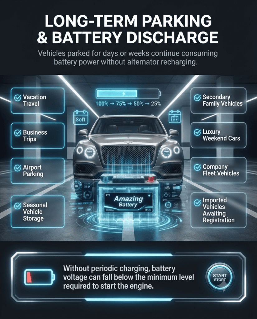 LONG-TERM PARKING & BATTERY DISCHARGE Premium automotive infographic showing a parked vehicle with a glowing car battery gradually losing charge over time. Side panels highlight common long-term parking situations such as vacations, airport parking, business trips, seasonal storage, and fleet vehicles in a futuristic blue neon automotive design.