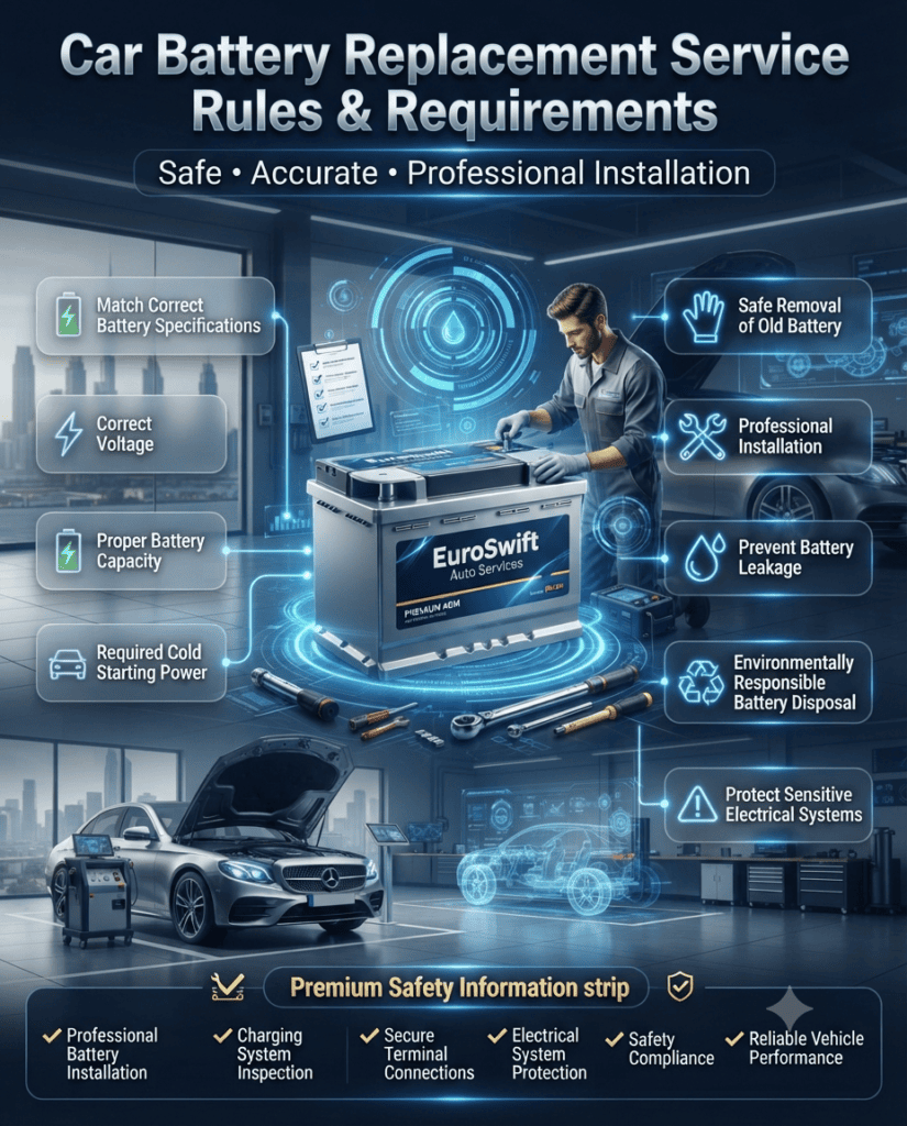 Car Battery Replacement Service Rules & Requirements Premium automotive infographic illustrating professional car battery replacement service rules and requirements. The title appears at the top. A realistic EuroSwift Auto Services branded battery is displayed in the center while a certified technician performs a professional battery replacement. Futuristic HUD graphics and animated infographic panels explain battery specification matching, safe battery removal, proper installation, leakage prevention, environmentally responsible disposal, and protection of modern vehicle electrical systems.