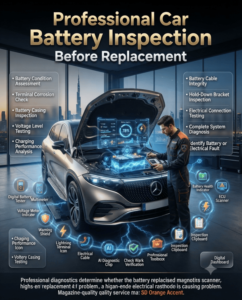 Professional Car Battery Inspection Before Replacement | Battery Diagnostic Service Dubai Professional automotive technician inspecting a luxury car battery using a digital battery analyzer while checking battery condition, voltage, terminal corrosion, charging performance, cables, and electrical connections before replacement in Dubai.