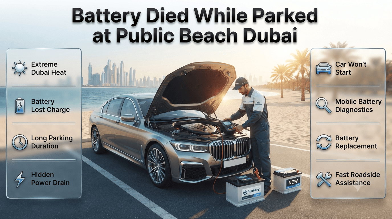Car with a dead battery parked near Dubai public beach while a mobile roadside technician performs an emergency battery replacement under bright coastal conditions.