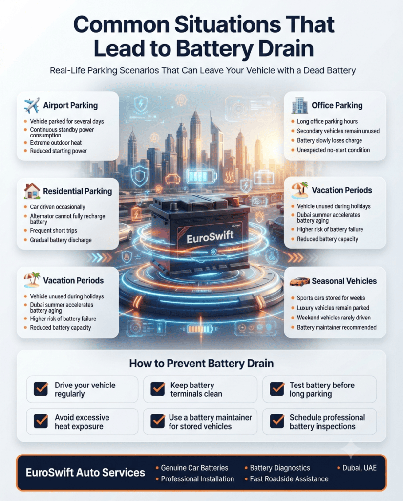 Common Situations That Lead to Battery Drain – Complete User Guide Professional infographic explaining common situations that lead to vehicle battery drain, including airport parking, office parking, residential parking, vacation periods, and seasonal vehicle storage.