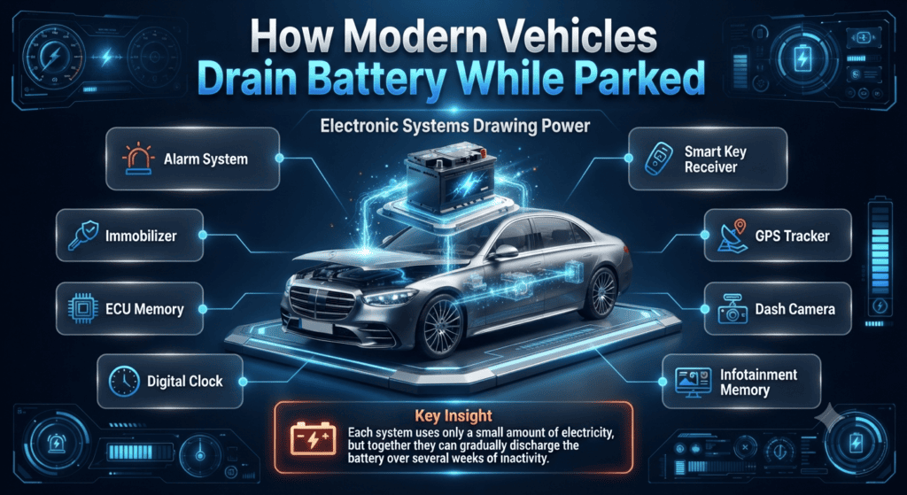 How Modern Vehicles Drain Battery While Parked | Premium Automotive User Guide Premium automotive infographic showing how alarm systems, ECU memory, GPS trackers, smart key receivers, dash cameras, and other electronic components slowly drain a parked vehicle's battery over time.
