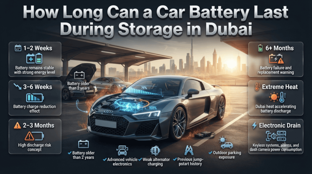 How Long Can a Car Battery Last During Storage in Dubai Car battery storage lifespan in Dubai showing discharge timeline, heat effects, electronic drain, and battery failure risks