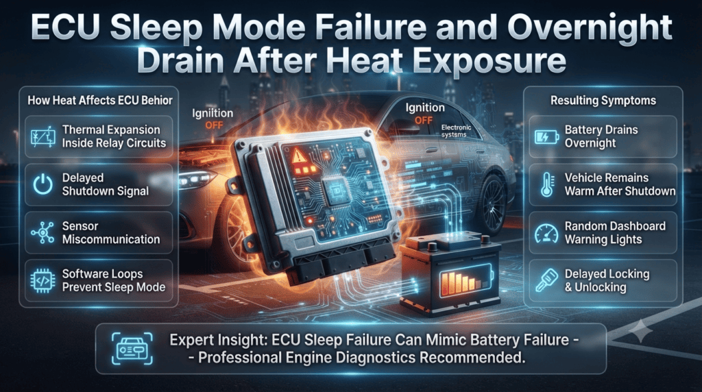 ECU Sleep Mode Failure Causing Overnight Battery Drain Premium automotive infographic showing ECU sleep mode failure causing overnight battery drain after hot weather parking with diagnostic warning indicators.