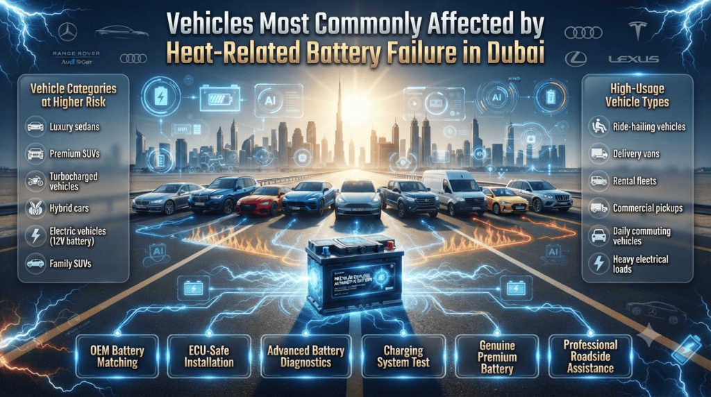 Vehicles Most Commonly Affected by Heat-Related Battery Failure in Dubai | High-Risk Vehicle Guide Premium infographic showing the types of vehicles most affected by heat-related battery failure in Dubai, including luxury sedans, premium SUVs, hybrid cars, electric vehicles, ride-hailing cars, delivery vans, rental fleets, commercial pickups, and family SUVs.