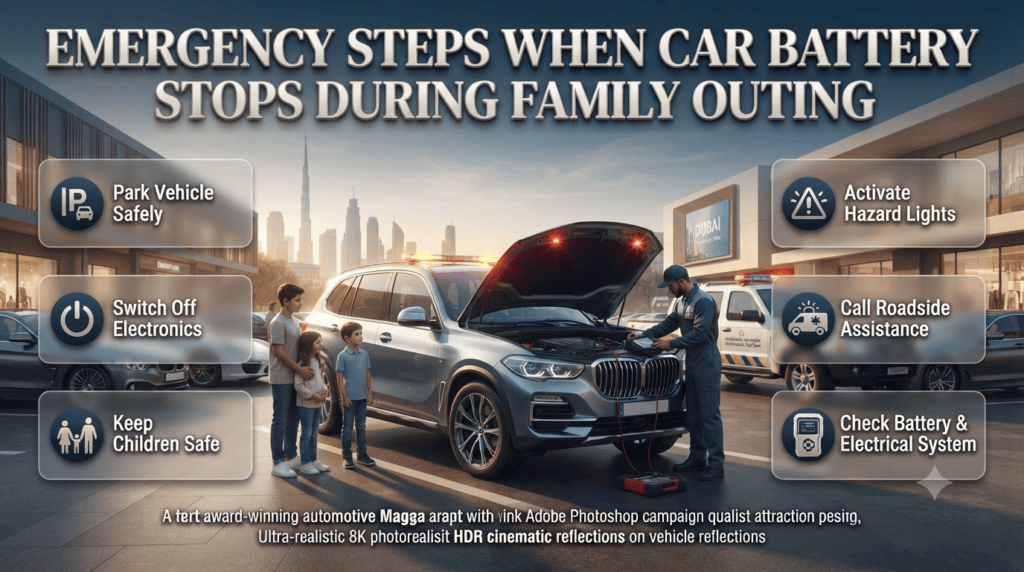 Emergency car battery failure steps showing family safety, hazard lights, roadside assistance, and vehicle inspection during Dubai outing