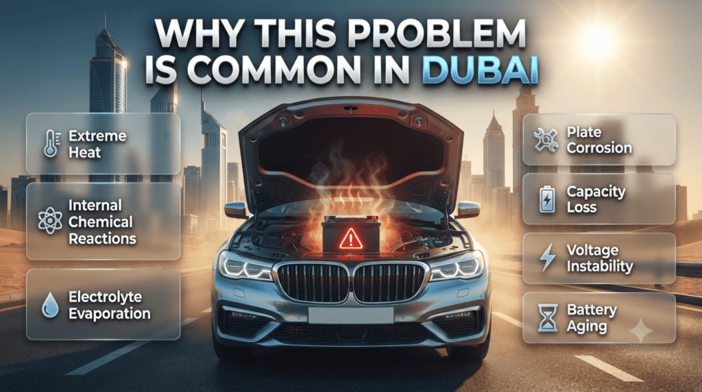 Why Battery Drain After Leaving Accessories On Is Common in Dubai Infographic explaining how Dubai's extreme heat accelerates car battery aging, electrolyte evaporation, corrosion, voltage loss, and accessory-related battery drain.