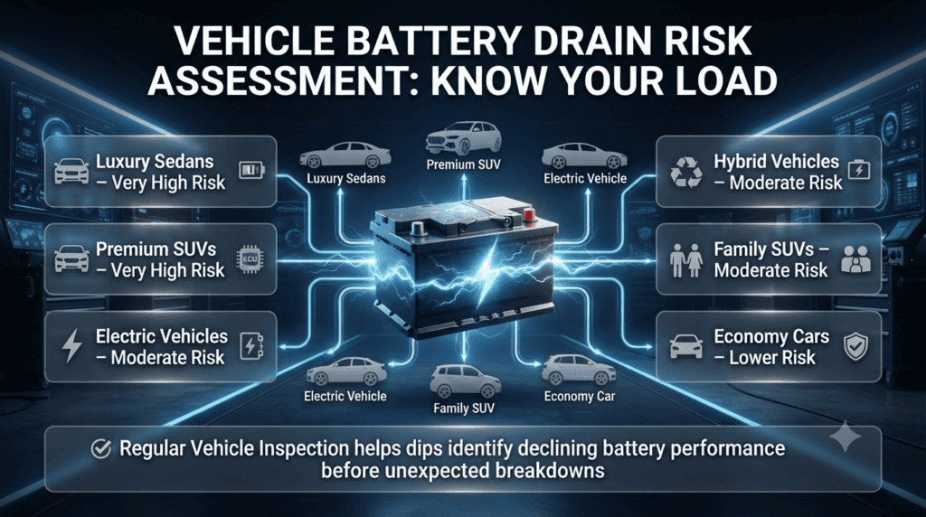 Premium infographic showing vehicle categories most likely to experience battery drain, highlighting luxury cars, SUVs, EVs, hybrids, and economy vehicles with battery risk levels.