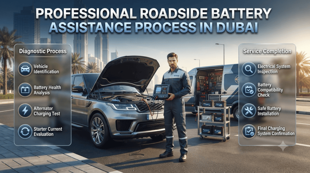 Professional roadside technician performing a complete car battery diagnostic and replacement beside a stranded vehicle in Dubai using advanced testing equipment.