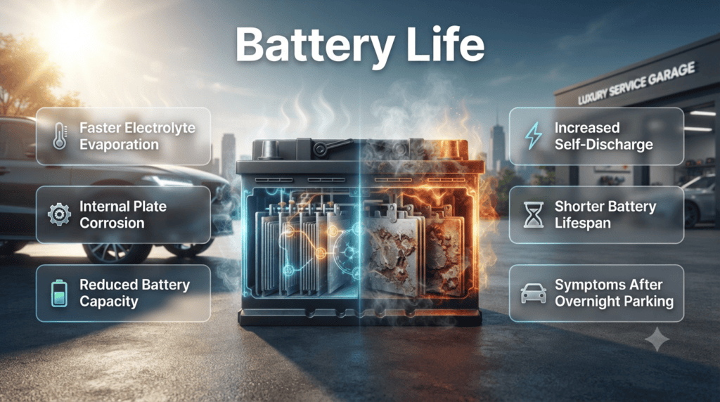 Car battery exposed to extreme heat with visible internal deterioration effects, illustrating reduced battery life, corrosion, and power loss.