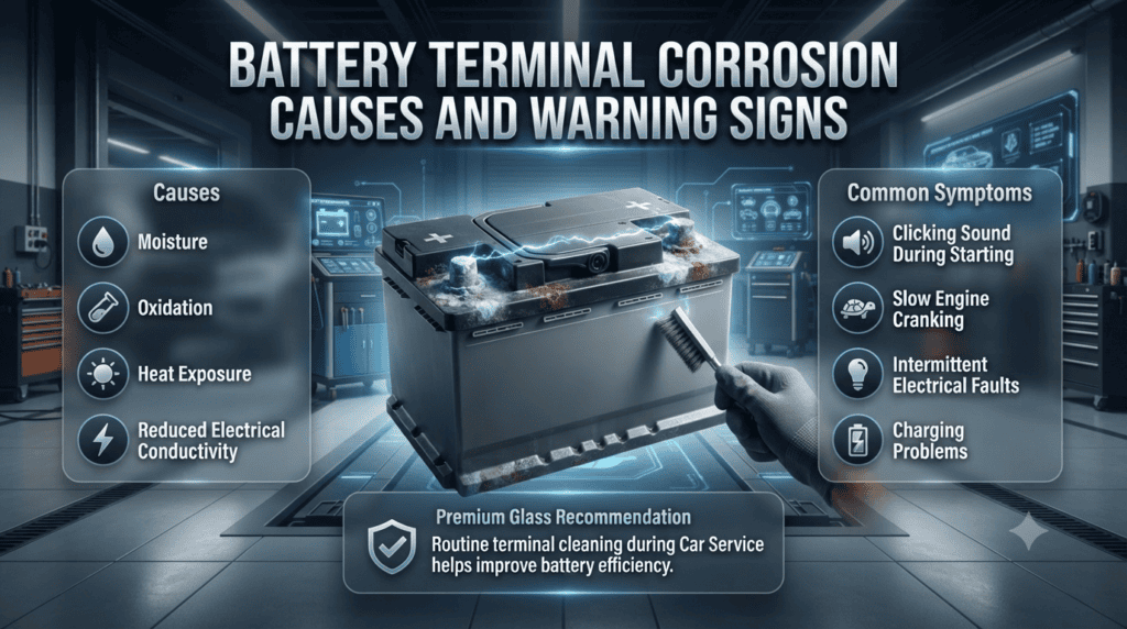 Car Battery Terminal Corrosion Causes and Warning Signs Premium automotive infographic showing battery terminal corrosion causes, common warning signs, and the importance of routine terminal cleaning for better battery performance.