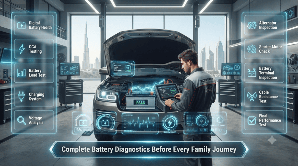 Professional Car Battery Testing Before Family Travel in Dubai Certified technician performing a professional car battery health test on a family SUV in Dubai using advanced diagnostic equipment before a road trip.