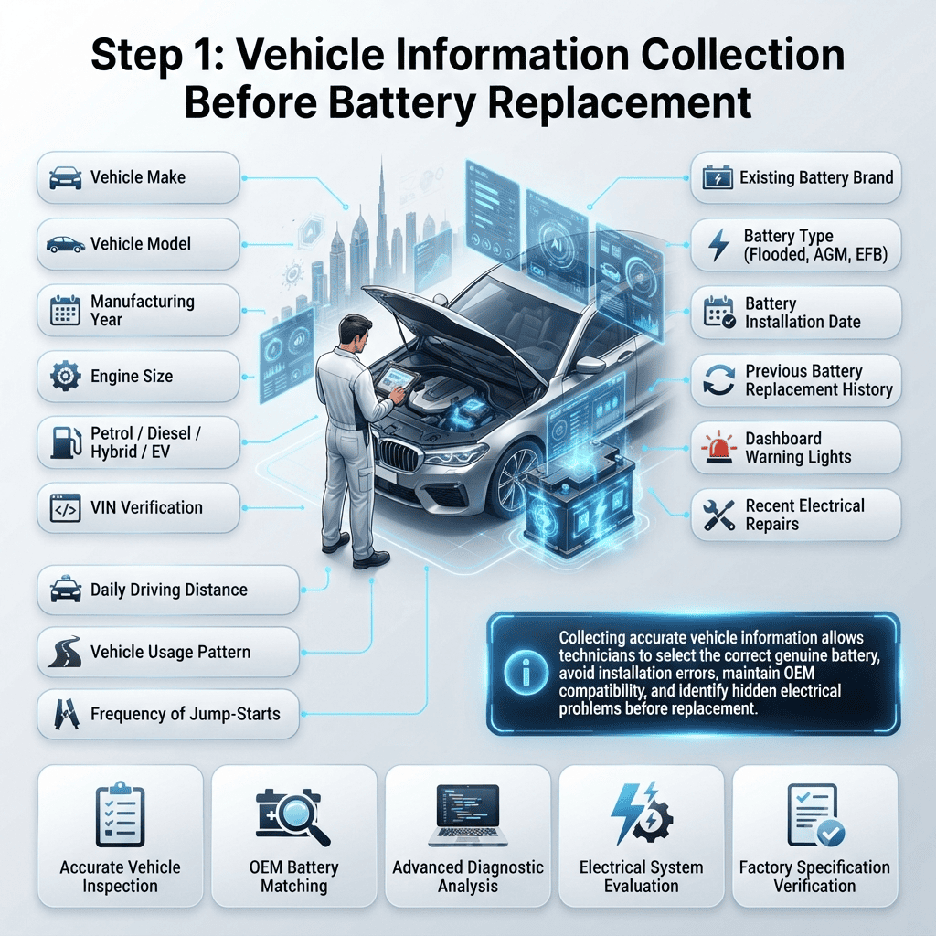 Step 1: Vehicle Information Collection Before Battery Replacement Vehicle information collection before battery replacement showing technician inspecting vehicle make, model, VIN, battery type, dashboard warning lights, and electrical history to ensure accurate genuine battery installation in Dubai.