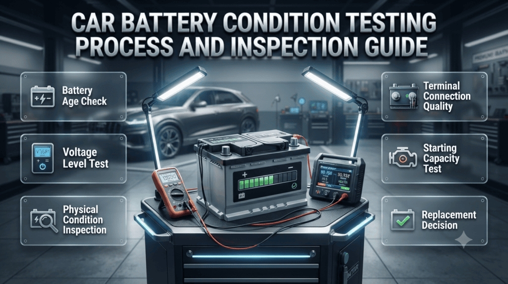 Car Battery Condition Testing Process and Inspection Guide Car battery condition testing infographic showing voltage checks, battery age inspection, terminals, and starting capacity analysis