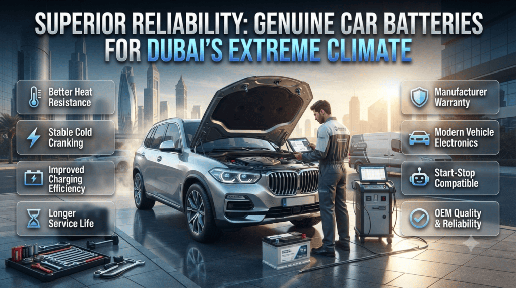 Why Genuine Car Batteries Matter More in Dubai's Extreme Heat Professional technician installing a genuine car battery in Dubai, highlighting heat resistance, reliable performance, manufacturer warranty, and compatibility with modern vehicle electronics.