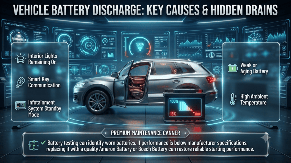 Professional automotive infographic showing the common causes of battery discharge after leaving car doors open, including interior lights, smart keys, infotainment systems, battery age, and heat.