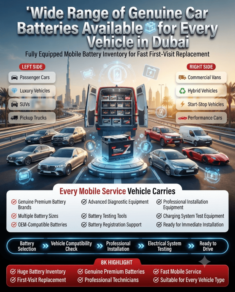 Wide Range of Genuine Car Batteries Available for Every Vehicle in Dubai Premium infographic showing a mobile roadside battery service vehicle stocked with genuine batteries for passenger cars, luxury vehicles, SUVs, pickup trucks, commercial vans, hybrid vehicles, start-stop cars, and performance vehicles in Dubai.