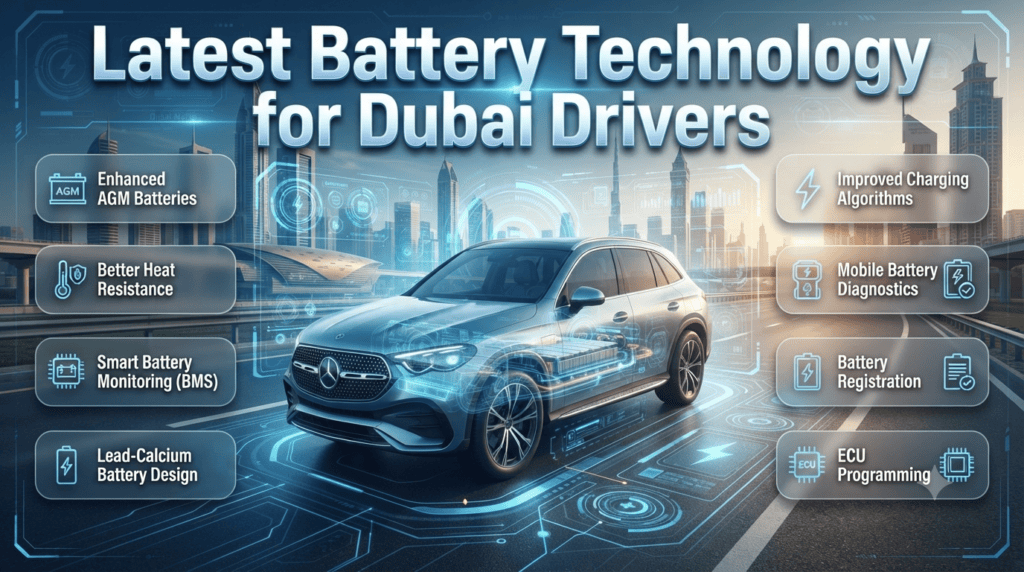 Infographic showcasing the latest automotive battery technologies for Dubai drivers, including AGM batteries, smart battery monitoring systems, ECU programming, and mobile diagnostics.