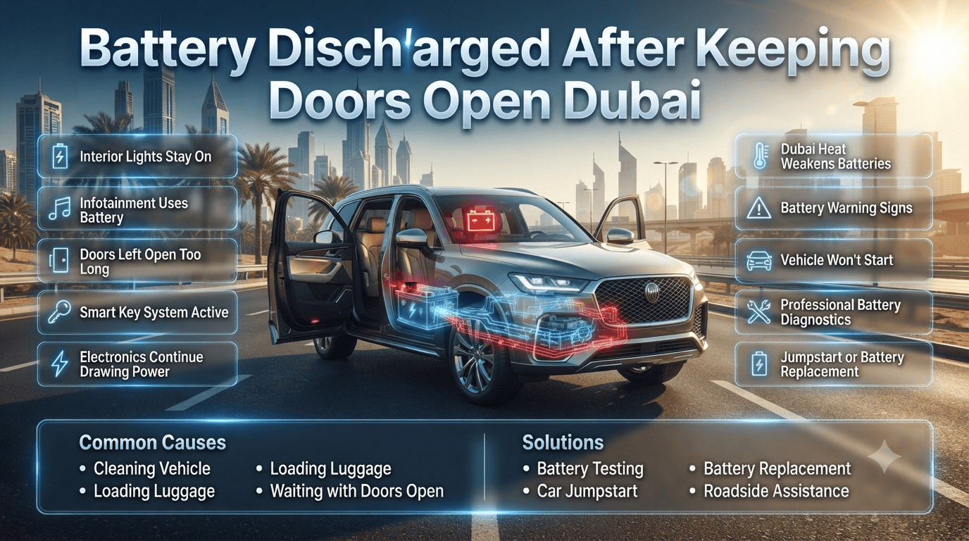 Professional infographic showing a car with open doors causing battery discharge in Dubai, highlighting warning signs, electronic power drain, and roadside battery assistance. Battery Discharged After Keeping Doors Open Dubai – Complete Guide