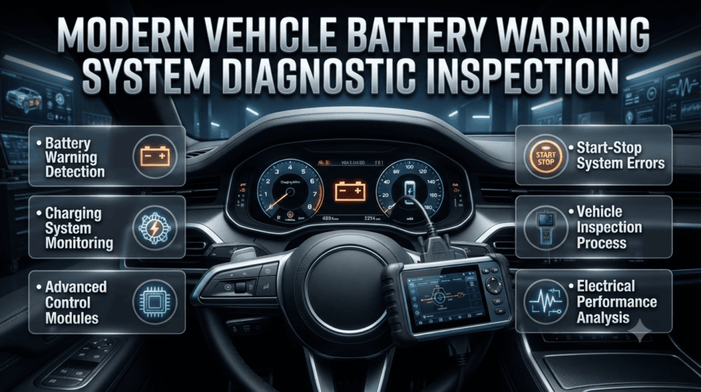 Modern Vehicle Battery Warning System Diagnostic Inspection Modern car dashboard showing battery warning alerts with professional vehicle electrical system diagnostic inspection