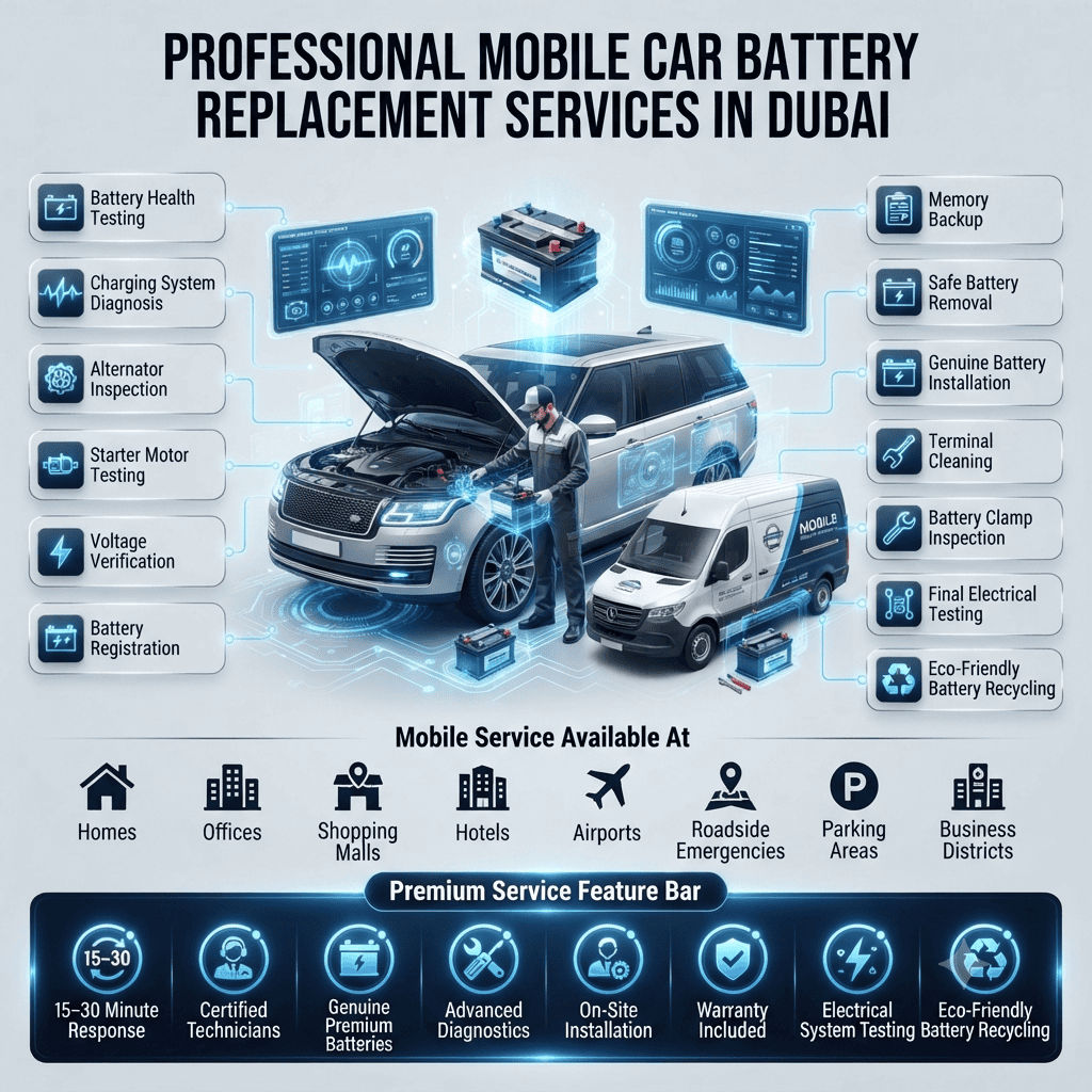 Professional Mobile Car Battery Replacement Services in Dubai Premium automotive infographic illustrating professional mobile car battery replacement services in Dubai, including battery diagnostics, alternator inspection, genuine battery installation, electrical testing, and fast roadside assistance.