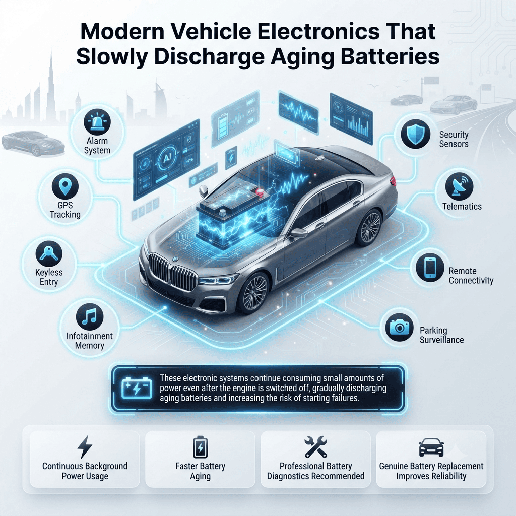 Modern Vehicle Electronics That Slowly Discharge Aging Batteries Modern vehicle electronic modules including alarm systems, GPS tracking, keyless entry, infotainment memory, telematics, remote connectivity, and parking surveillance gradually discharging an aging car battery.