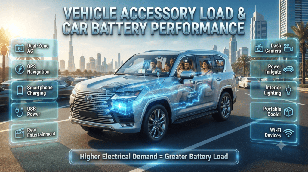 How Family Travel Electronics Affect Car Battery Life in Dubai Modern family SUV in Dubai using multiple electronic accessories that increase battery load, including GPS, air conditioning, USB charging, and entertainment systems.